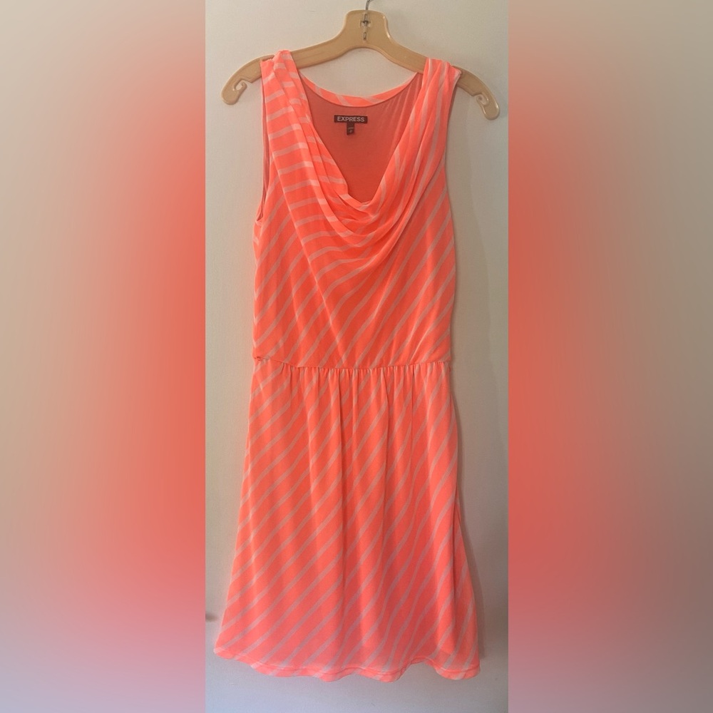 Express Neon Orange Striped Cowl Neck Knee Length Dress S Summer Preppy Indie - Picture 2 of 8